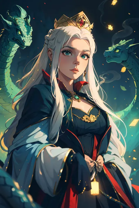 A queen with long white hair wearing a crown on her head, vestindo elegantees roupas pretas de uma era medieval, He has a gentle look and is surrounded by snakes, green smoke and greenish lights.. detalhado, boa qualidade, obra-prima, super high res, 8k, d...