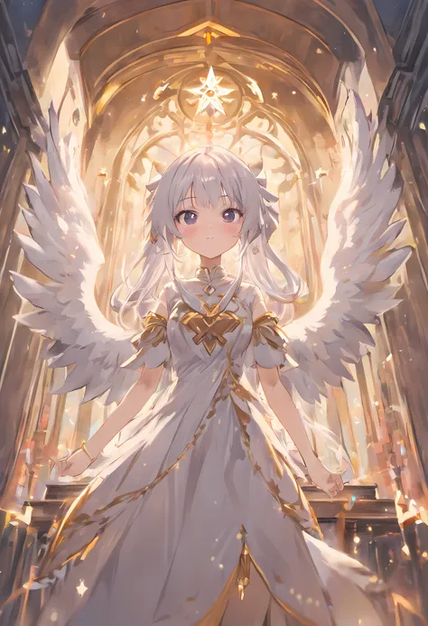 Extremely detailed CG unified 8K wallpaper、very fine 8KCG wallpaper、Anime girl standing in the sanctuary，Pray with both hands，the angels wings，There are cat ears on the head, white dresses!! silber hair,Red pupil eyes， cute anime waifu in a nice dress,, Wh...