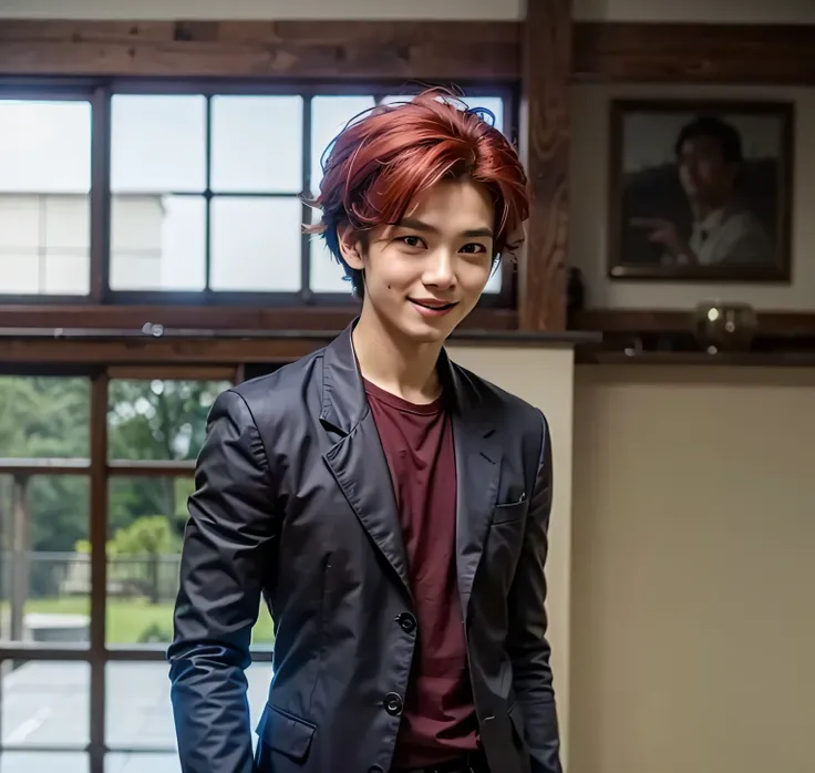 an asian boy smiling with red hair and bright orange eyes smirking and wearing black coat over a white shirt looking at camera, ultra realistic, high quality, detailed face