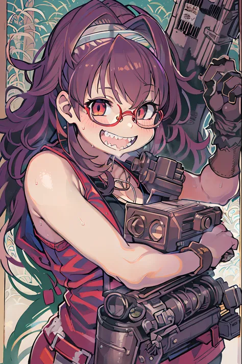 masutepiece, Best Quality, 1girl in, Sharp eyes, Smile,rocket launcher、big round glasses,Camisole、(((Jagged teeth)))