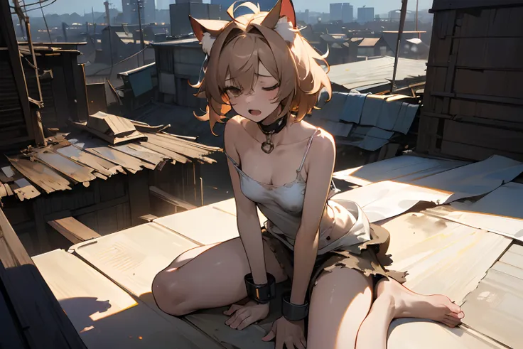 ((Masterpiece)), 8K, wide-shot, cinematic lighting, very messy hair, (exposed breast, badly tattered and torn dirty white-camisole, Slender small breasts, sleepy and open mouth face), slum square, (heavy handcuffs, sit on a roof), Textured skin, cat ears, ...