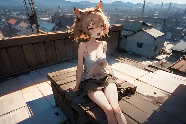 ((Masterpiece)), 8K, wide-shot, cinematic lighting, very messy hair, (exposed breast, badly tattered and torn dirty oversized white-camisole, Slender small breasts, sleepy and open mouth face), slum square, (heavy handcuffs, sit on a rooftop), Textured ski...