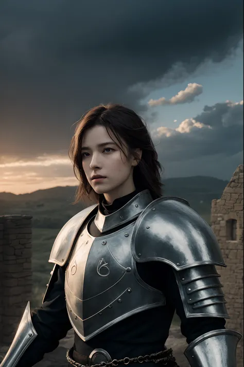 realisticlying，top-quality，tmasterpiece，cinematic compositions，slow motion，18yo Girl（Medium shot of medieval knights，Gloomy and weathered face，whaite hair：1.2），Chain mail and plate armor，（Realistic and detailed|Complex armor：1.1），（Visible face：1.3），（Realis...