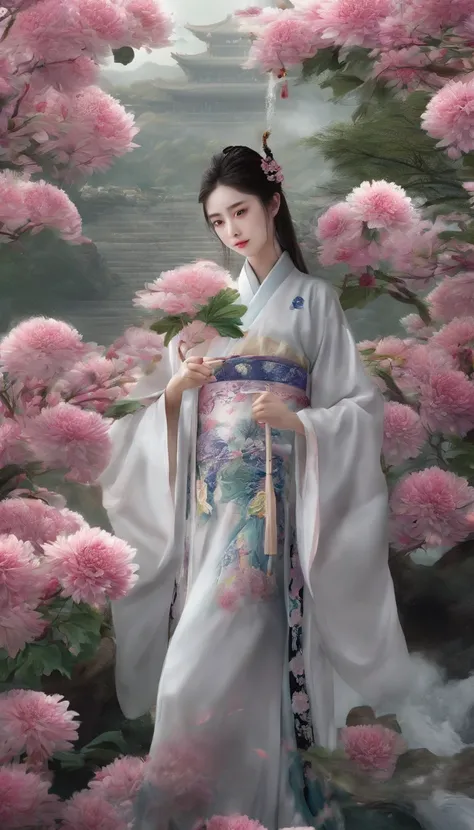 China-style，Chinese ink style，water ink，ink，Smudge，chrysanthemums，Hanfu beauty standing among chrysanthemums，中景 the scene is，Full body like， highly detailed surreal vfx，China ink painting，oc rendered， - AR 16:9 --q 2 --s 1000