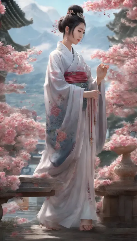 China-style，Chinese ink style，water ink，ink，Smudge，chrysanthemums，Hanfu beauty standing among chrysanthemums，中景 the scene is，Full body like， highly detailed surreal vfx，China ink painting，oc rendered， - AR 16:9 --q 2 --s 1000