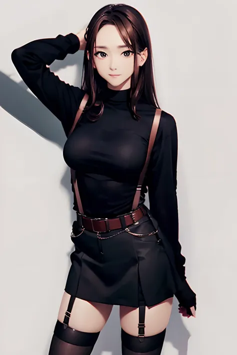 Black skirt, 　suspenders, Brown hair Gray eyes, Garter belt on the legs, Tight black clothes, 　　 a belt　Armpit sweat　　Dark look　Moderately breasts　holster　 Forehead Center