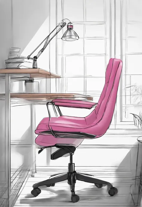 Drawing of pink office chair with black base, high quality of sketching, furniture design, a chair, prop design, sketch illustratio, professional sketch, chair, industrial design concept, high quality sketch, Commercial illustration, futuristic product des...