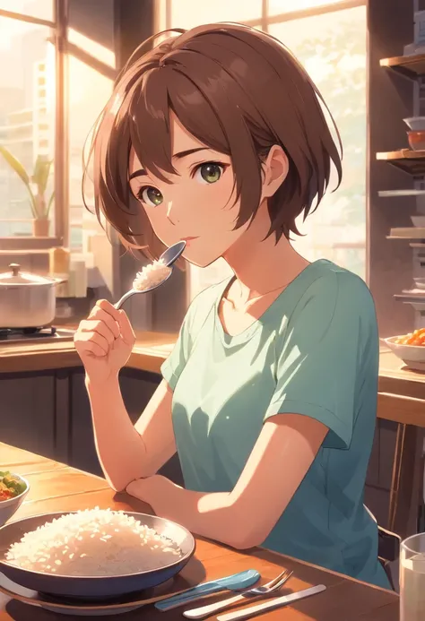 Japanese young woman with short hair、Eat the rice with a spoon、Slender、tee shirt、