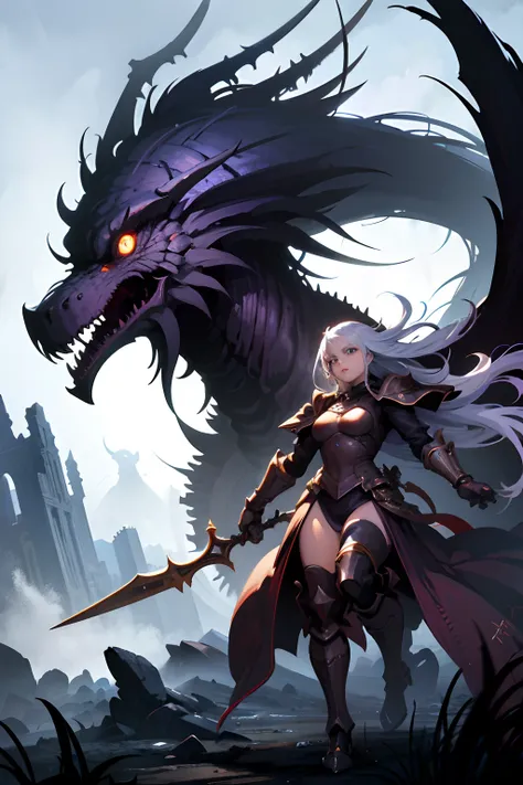 lady knight，eyes glowing，ride on a giant monster, ride monsters, detailed pictures of the girl's facial features，epic fantasy di...