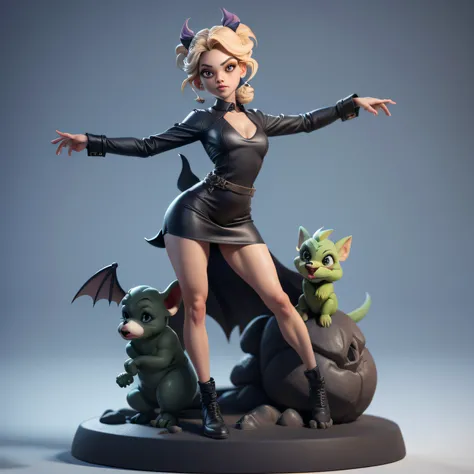 Mini gargoyle, menina solo, ray tracing, Estilo 3D, 3DMM, vestido de seda curto e justo, 3 poses por foto, corpo inteiro