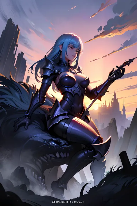 Lady Knight,eyes glowing,Ride on a giant monster, Ride monsters, Detailed pictures of the girls facial features,Epic fantasy digital art style, epic fantasy sci fi illustration, Epic fantasy art style, Epic fantasy art style HD, epic full color illustratio...