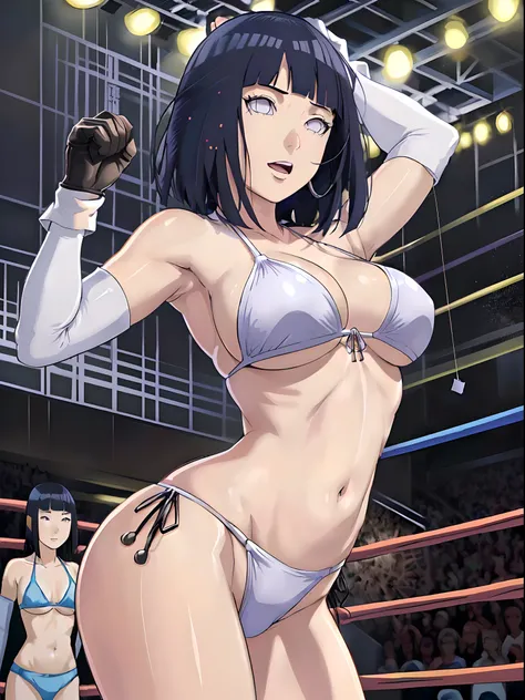 (WALLPAPER,  (hinata(boruto), (((1 girl, white string bikini, white leather gloves))), masterpiece, 4k, vector coloring, fully body view, (scene: sexy girl posing like a fighter, ( location: in wrestling ring with crowd watching)), (high color saturation),...