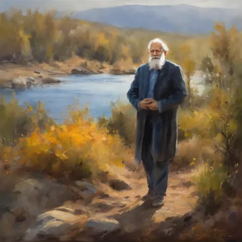 Oil Painting of an old handsome handsome old man with beard and mustache; oil painting, on canvas, on glass or oil; rendered, beautiful, 8k, object oriented ontology, elite, luxury, super wide shot, landscape, a variety of element;  sci-fi aquatic; subsurf...