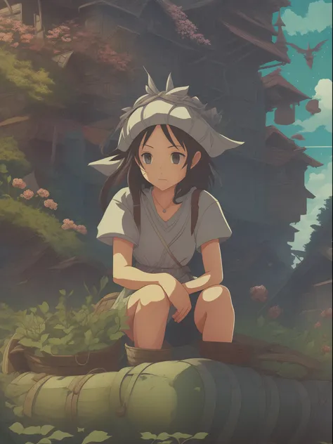 shes just a simple girl working on a farm. she lives in hard times., its the dark ages. , crazy world, floating islands, cloud castle, (best quality:1.3), (highres:1), (detailed:1.3), (incredible:1.3), (perfect:1.3), (perfection:1.3), (volume cover art:0),...