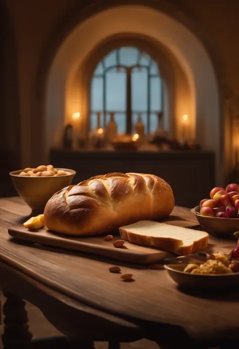 Filmagens comerciais,  Shaped bread on a luxurious table, cartaz para, Fundo de estilo fresco, elegante, Booth lighting, atraente, cores fotorrealistas, Ultra HD | ||