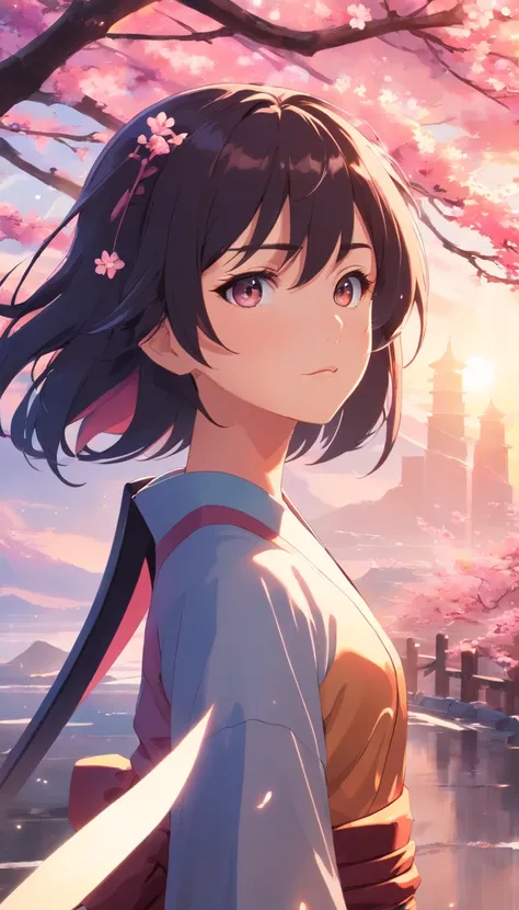 Danfeng Eyes，bushido，The upper part of the body，Black coiled hair，Simple hairpins，Cold eyes，solo person，orthofacial，frontage，Peach blossom background，Highly saturated colors，Hyper Real，8K high-definition，holding a longsword，Absolutely beautiful，high light，...