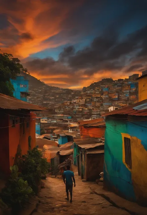 Um desenho abstrato de um homem em um favela sobre um luar e calmaria