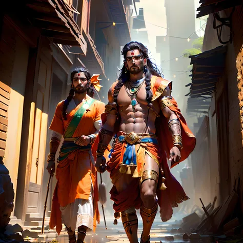 LORD RAM AND LAXMAN ,two 20 years old men, both have bows in hand, proper eyes, An Indian god, moderate stature, mountain on the background, strongly built, broad-chested, narrow-waisted, and long-armed, big golden bow in their hands, in a dark forest (Pro...