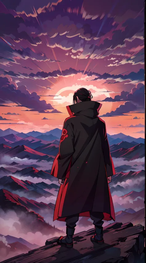 Uchiha itachi wearing a Akatsuki coat, full body with still standing pose, see at the sky, standing on the Mountain and see the top view and show the light shadow of mangekyo sharingan in the sky, beautiful image, realistic anime style, Japanese anime, bes...