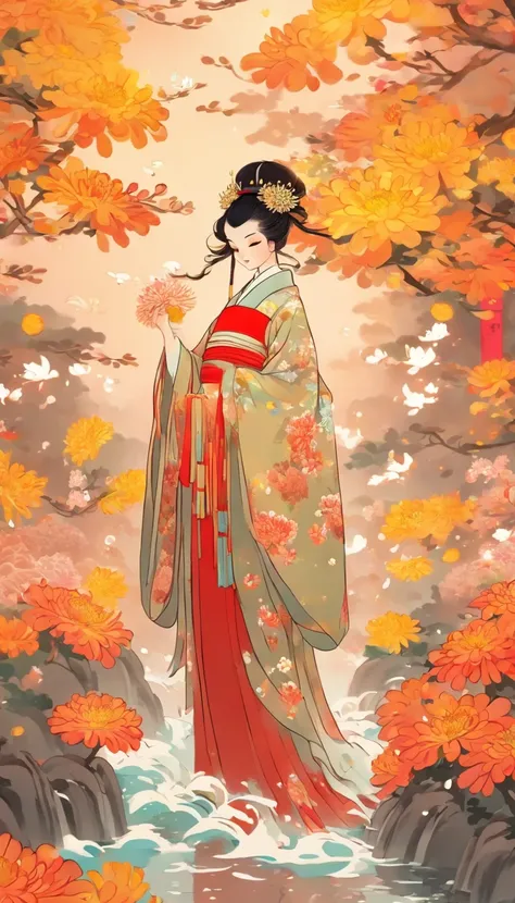 China-style，Chinese ink style，water ink，ink，Smudge，chrysanthemums，A Hanfu beauty standing among chrysanthemums，中景 the scene is，Full body like， highly detailed surreal vfx，China ink painting，oc rendered， - AR 16:9 --q 2 --s 1000