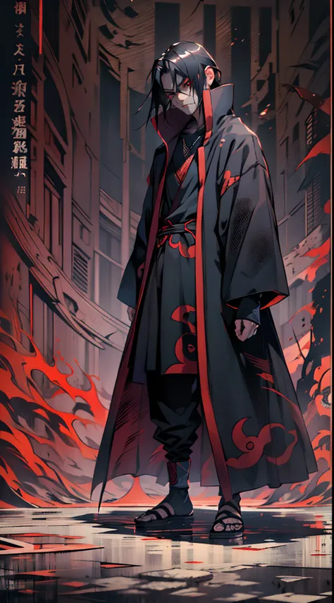 (best quality, highres:1.2),ultra-detailed, realistic, uchiha itachi wearing an akatsuki coat, full body, still standing pose, m...