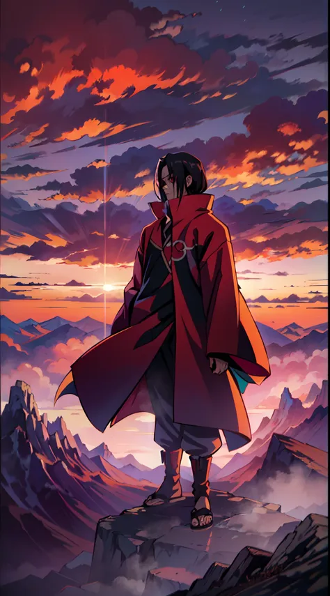 uchiha itachi wearing a akatsuki coat, full body with still standing pose, see at the sky, standing on the mountain and see the ...