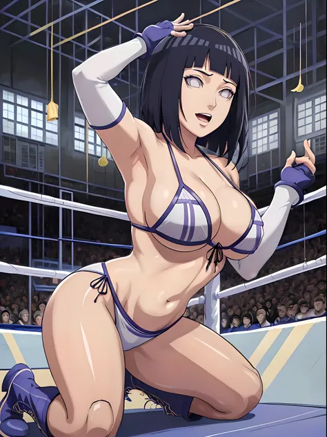 (WALLPAPER,  (hinata(boruto), (((1 girl, white string bikini, white fingerless gloves, white wrestling boots))), masterpiece, 4k, vector coloring, fully body view, (scene: sexy girl posing like a fighter, ( location: in wrestling ring with crowd watching))...