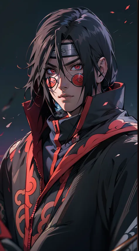 uchiha itachi wearing a akatsuki coat, see at the sky, sunshine, mangekyo sharingan beautiful portrait, amd fidelityfx super res...