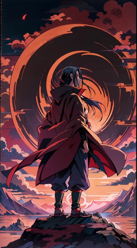 Uchiha itachi wearing a Akatsuki coat, full body with still standing pose, see at the sky, standing on the Mountain and see the top view and show the light shadow of mangekyo sharingan in the sky, beautiful image, realistic anime style, Japanese anime, bes...