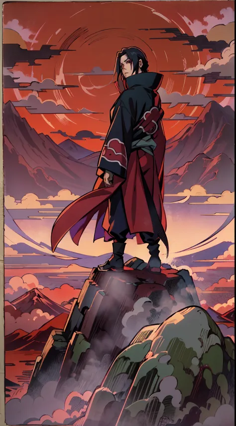 Uchiha itachi wearing a Akatsuki coat, full body with still standing pose, see at the sky, standing on the Mountain and see the top view and show the light shadow of mangekyo sharingan in the sky, beautiful image, realistic anime style, Japanese anime, bes...