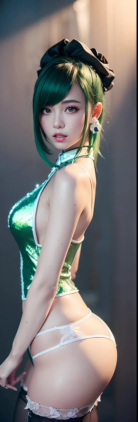 (Best quality,Ultra-detailed,Realistic:1.37),3D anime style green hair girl,Shiny hair,A girl with a delicate face and long eyelashes,Bright red eyes reflect light,Plump lips,Colored crystal pendant,Black cheongsam，white trim,Peony pattern clothing,Clear b...