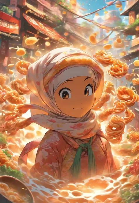 Create a whimsical advertisement where a Malay girl in hijab takes viewers on a magical ramen ride, traveling through a whimsical ramen wonderland filled with oversized ramen ingredients and whimsical creatures