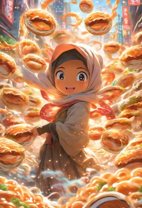 Create a whimsical advertisement where a Malay girl in hijab takes viewers on a magical ramen ride, traveling through a whimsical ramen wonderland filled with oversized ramen ingredients and whimsical creatures