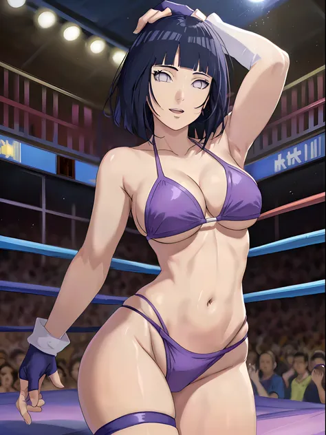 (WALLPAPER,  (hinata(boruto), (((1 girl, white string bikini, white fingerless gloves))), masterpiece, 4k, vector coloring, fully body view, (scene: sexy girl posing like a fighter, ( location: in wrestling ring with crowd watching)), (high color saturatio...