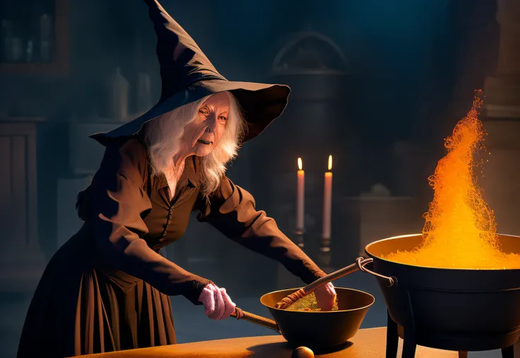 colorfully colored coloring page of colorful ultra realistic angry, glaring, old, ugly, hunchback witch wearing black pointed witch hat cooking a cauldy with a broom and a pot, casting a spell on a potion, the witch conjure, bubbling cauldron!, witch burni...