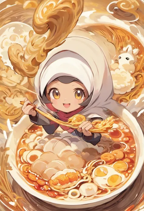 Create a whimsical advertisement where a Malay girl in hijab takes viewers on a magical ramen ride, traveling through a whimsical ramen wonderland filled with oversized ramen ingredients and whimsical creatures