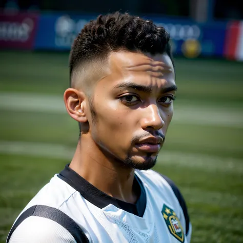 Homem negro Soccer Player Hair shaved on both sides, on the field