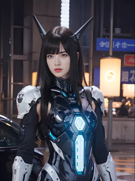 （Fight against mechanical robot soldiers）、top-quality、​masterpiece、超A high resolution、(sexypose),（Wearing a futuristic sun visor）、(Photorealsitic:1.4)、Raw photo、女の子1人、Black hair、glowy skin、((1 Mechanical Girl))、((super realistic details))、portlate、（Small L...