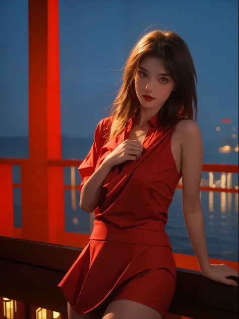 Sexy slavic princess with big boobs ,big chest ,short red cloths and short skirt,balcony background,sea of night sea,night background with lots of lights and stars