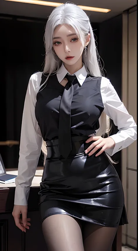 Photorealistic, high resolution, 1 woman, Hips up, Beautiful eyes, White hair, Long hair, ringed eyes, Collared shirt, black necktie,Black skirt, pencil skirts