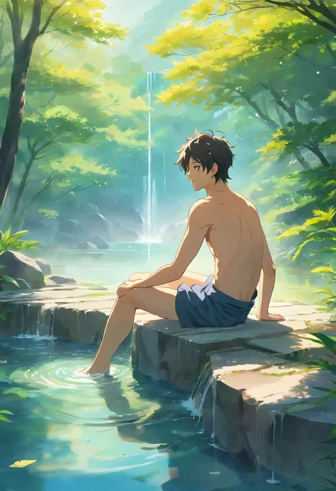 (1man), solo, beautiful detailed eyes, {{{masterpiece}}}, {{{best quality}}}, {{ultra-detailed}}, {illustration}, cinematic angle, {beautiful detailed eyes}, {detailed light},cinematic lighting. A man immersed in a natural hot spring, surrounded by a pictu...