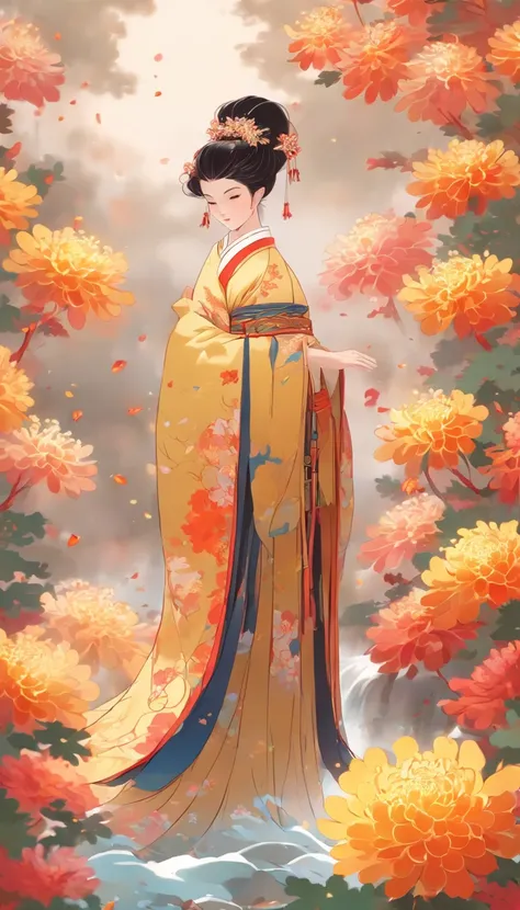 China-style，Chinese ink style，water ink，Smudge，chrysanthemums，Hanfu beauty standing in chrysanthemums，中景 the scene is，Full body like， highly detailed surreal vfx，China ink painting，oc rendered， - AR 16:9 --q 2 --s 1000