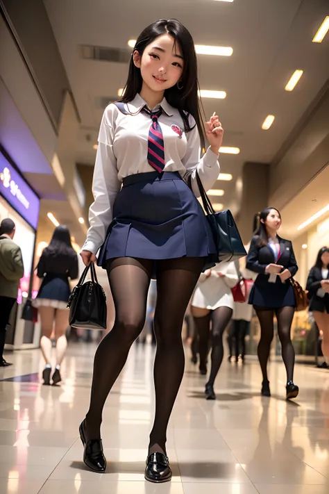 show entire body, feet in view, 3 gorgeous 18.y.o. asian females, wearing American school uniforms, pantyhose, no shoes, walking in mall, smiling,