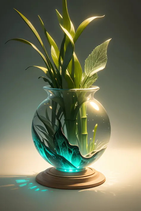 back lighting, a green transparent vase with 4 distinct individual Chinese water bamboo stalks with bamboo leaves in a green transparent crystal ball, in the style of conceptual light sculptures, light beige and gold, high details, luxury, kodak plus-x, mi...