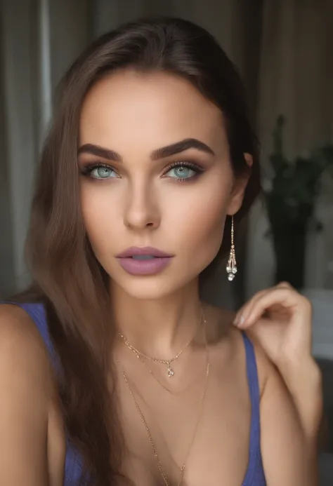 Arafed kinky woman with a white tank top and necklace, fille sexy aux yeux verts, Portrait Sophie Mudd, cheveux bruns et grands yeux, selfie of a young woman, Yeux de chambre, Violet Myers, sans maquillage, maquillage naturel, looking straight at camera, V...