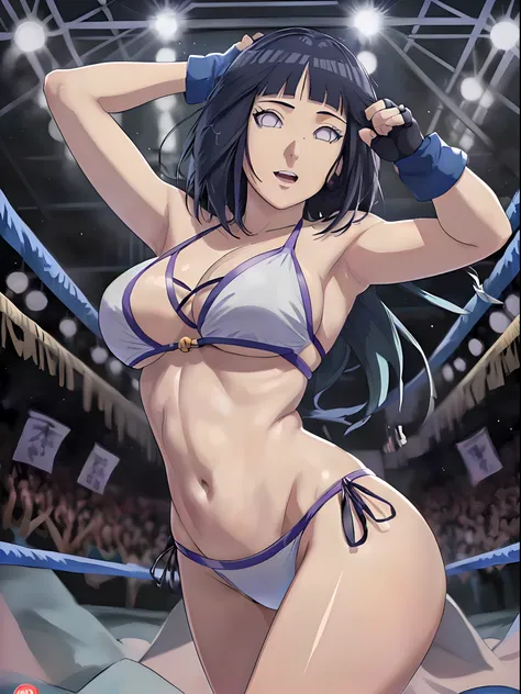 (WALLPAPER,  (hinata(boruto), (((1 girl, white string bikini, white fingerless gloves))), masterpiece, 4k, vector coloring, fully body view, (scene: sexy girl posing like a fighter, ( location: in wrestling ring with crowd watching)), (high color saturatio...