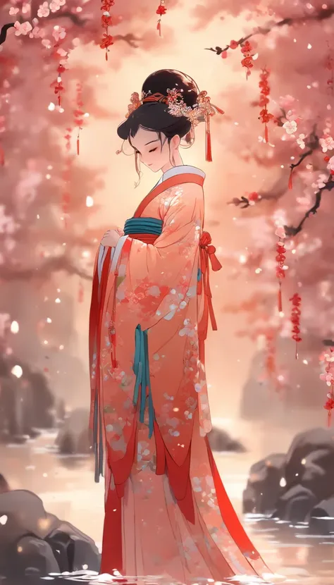 China-style，Chinese ink style，water ink，Smudge，clubs，Hanfu beauty standing among plum blossoms，中景 the scene is，Full body like， highly detailed surreal vfx，China ink painting，oc rendered， - AR 16:9 --q 2 --s 1000