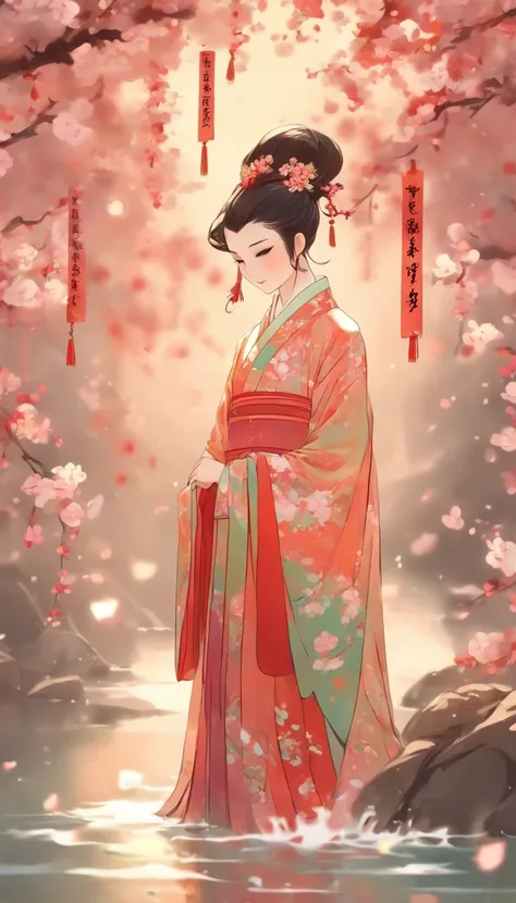 China-style，Chinese ink style，water ink，Smudge，clubs，Hanfu beauty standing among plum blossoms，中景 the scene is，Full body like， highly detailed surreal vfx，China ink painting，oc rendered， - AR 16:9 --q 2 --s 1000