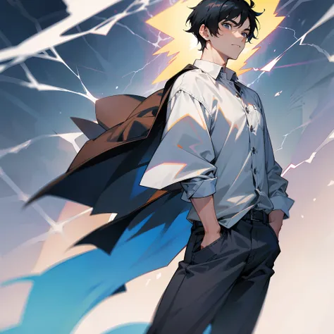 a young,Strong man with short black hair，Put your hands in your pockets，The background is surrounded by crackling lightning