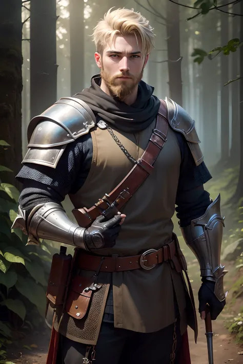 (best quality, highres, masterpiece:1.2), ultra-detailed, realistic:1.37, HDR, studio lighting, physically-based rendering, extreme detail description, professional, vivid colors, bokeh, portraits, forest, medieval, young man, knight, chainmail, short blon...